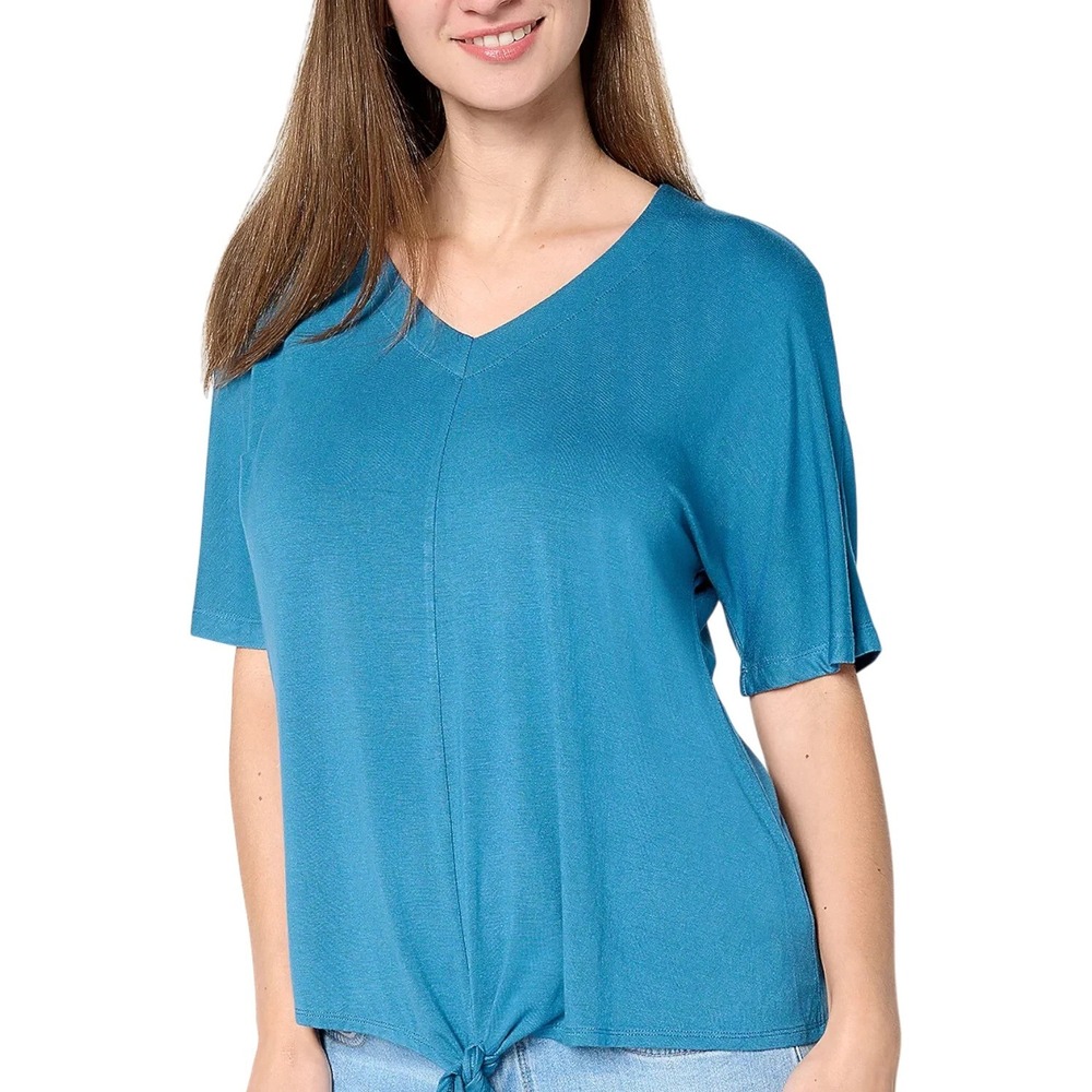 Belle Boho Women's Rayon Spandex Tie Front Top Deep Mineral, S #615T